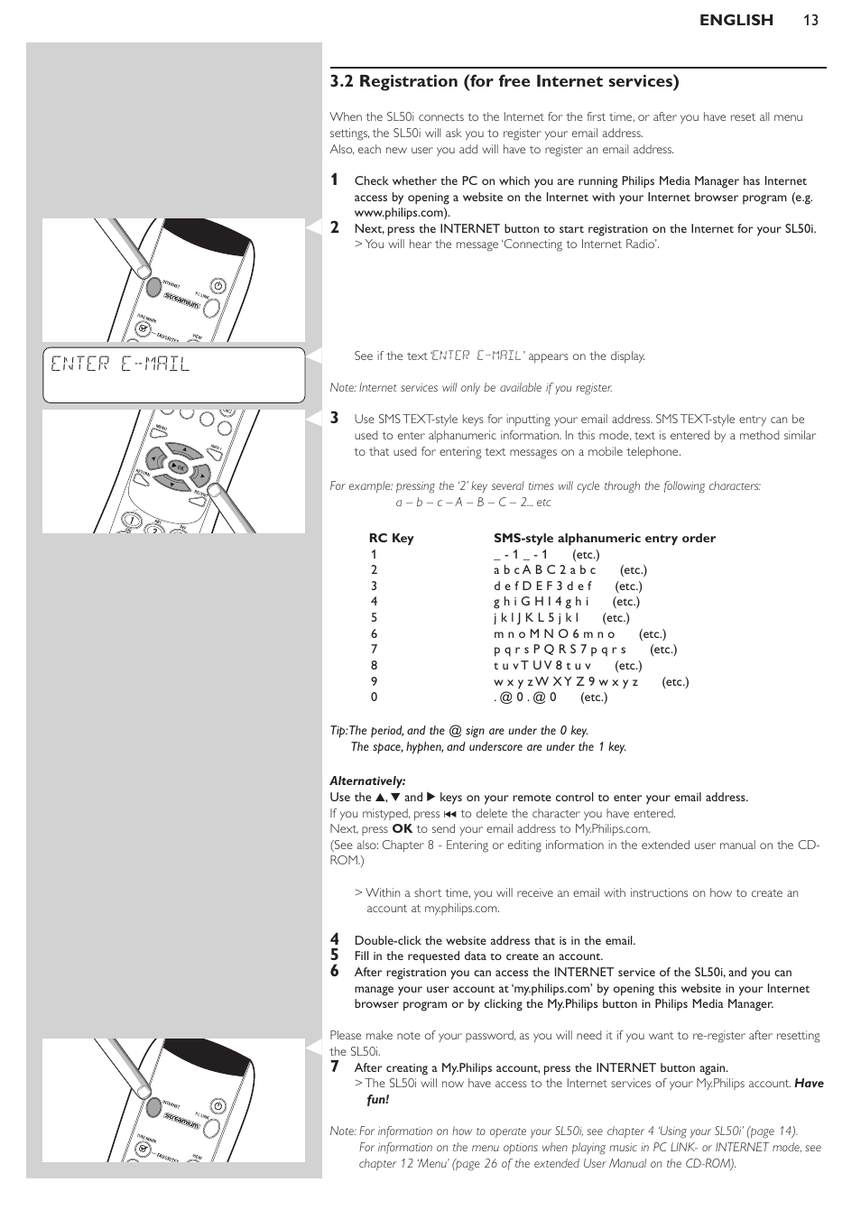 Enter e-mail, 2 registration (for free internet services) | Philips SL50i User Manual | Page 13 / 45