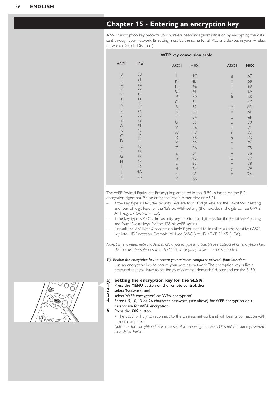 Chapter 15 - entering an encryption key | Philips SL50i User Manual | Page 36 / 45