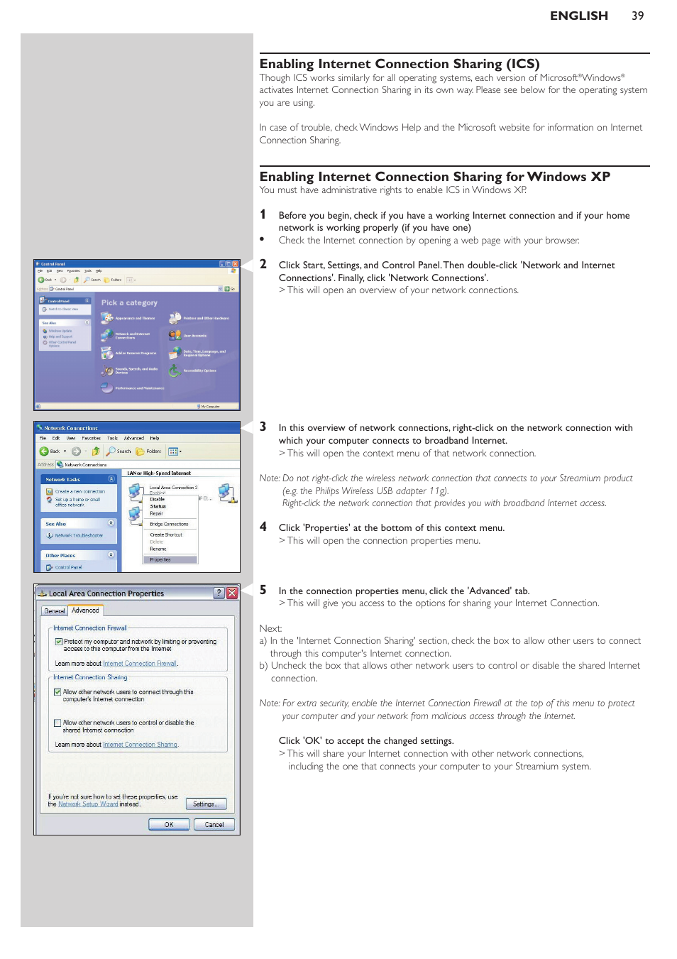 Enabling internet connection sharing (ics) | Philips SL50i User Manual | Page 39 / 45