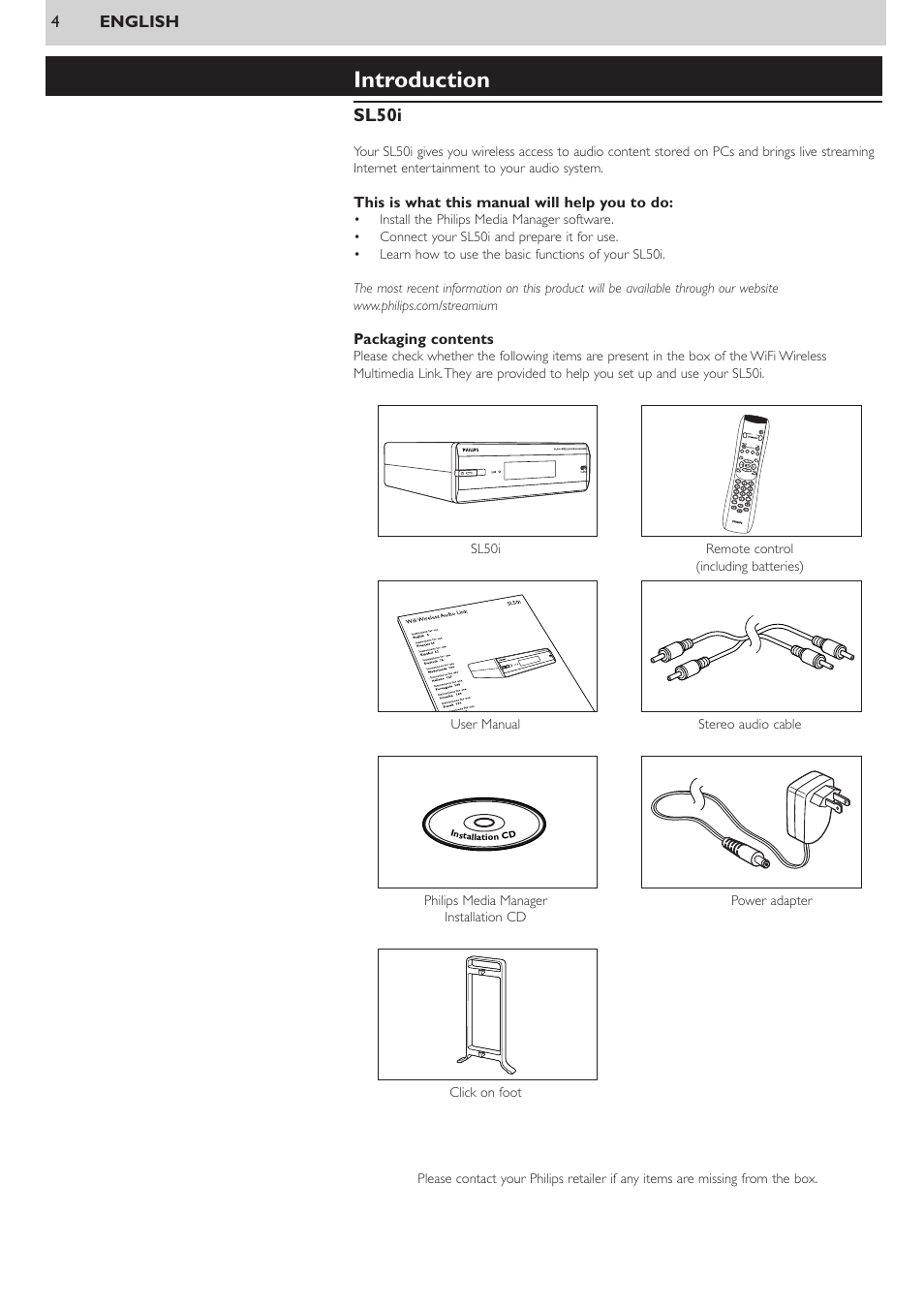Introduction, Sl50i | Philips SL50i User Manual | Page 4 / 45