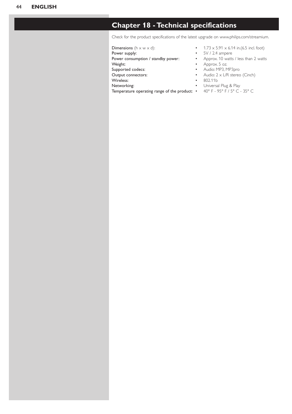 Chapter 18 - technical specifications | Philips SL50i User Manual | Page 44 / 45