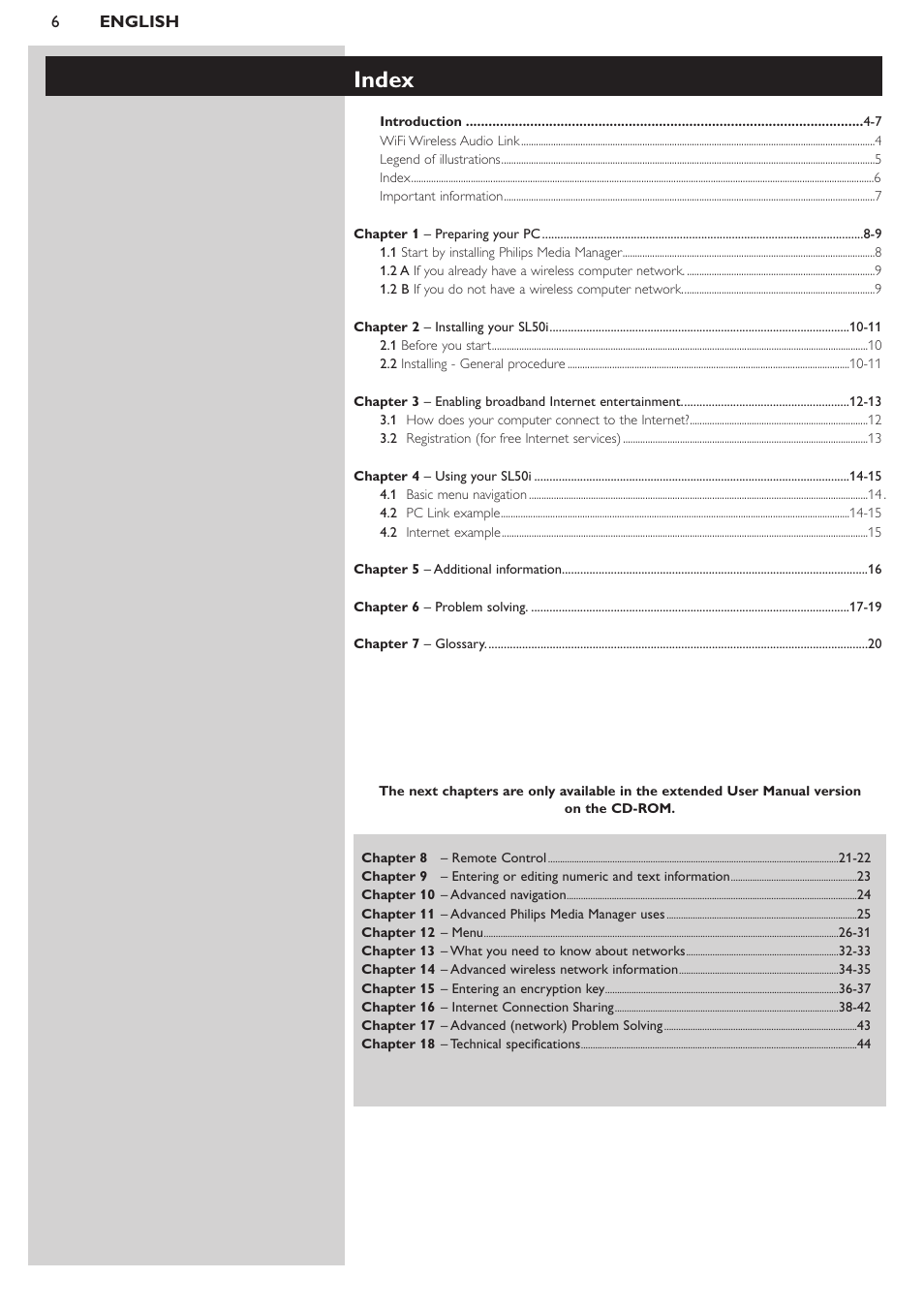 Index | Philips SL50i User Manual | Page 6 / 45