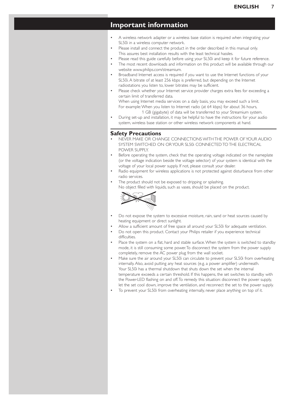 Important information, Safety precautions | Philips SL50i User Manual | Page 7 / 45