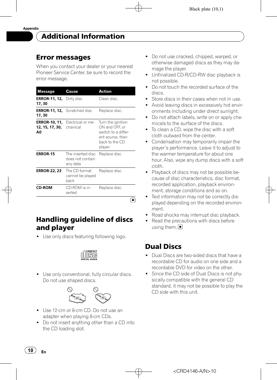 Additional information error messages, Handling guideline of discs and player, Dual discs | Error messages, Additional information | Pioneer DEH-1950 User Manual | Page 10 / 56