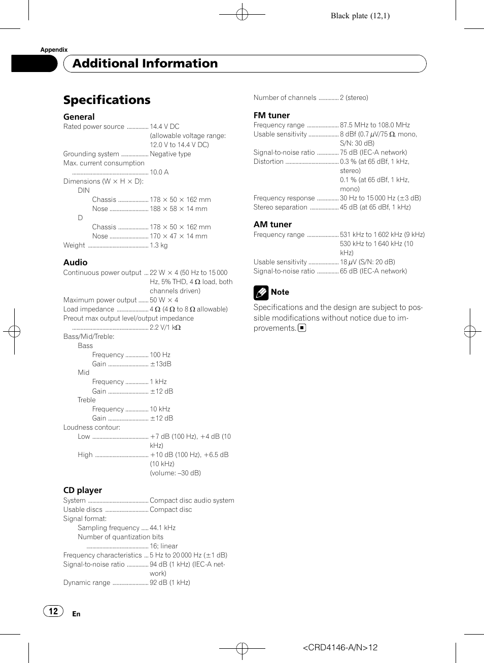 Specifications, Additional information | Pioneer DEH-1950 User Manual | Page 12 / 56