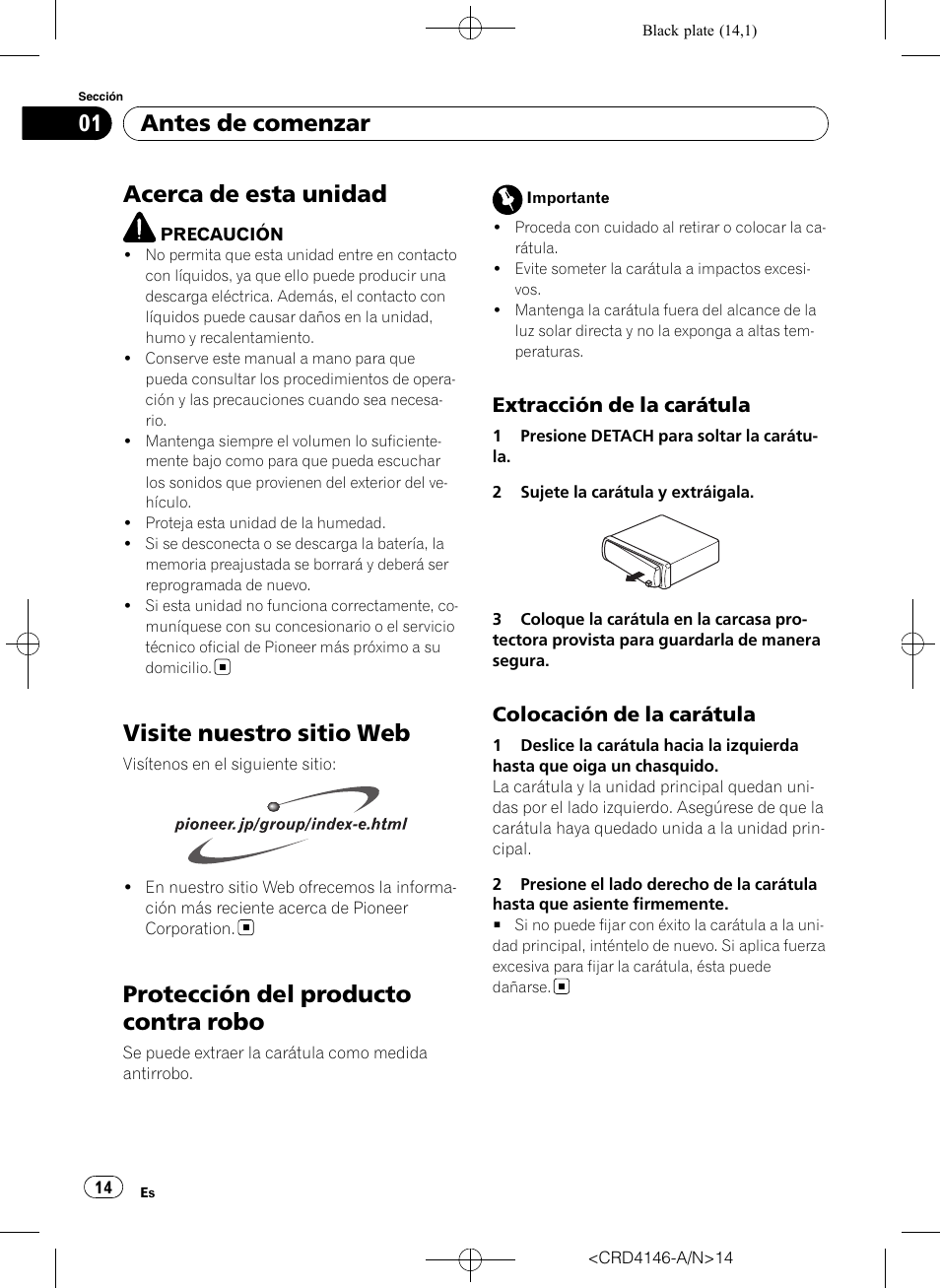 Antes de comenzar, Acerca de esta unidad, Visite nuestro sitio web | Protección del producto contra robo, Extracción de la carátula 14, Colocación de la carátula 14, Extracción de la carátula, Colocación de la carátula | Pioneer DEH-1950 User Manual | Page 14 / 56