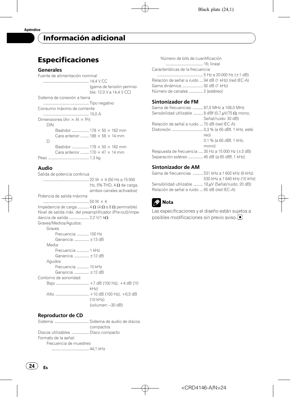 Especificaciones, Información adicional | Pioneer DEH-1950 User Manual | Page 24 / 56