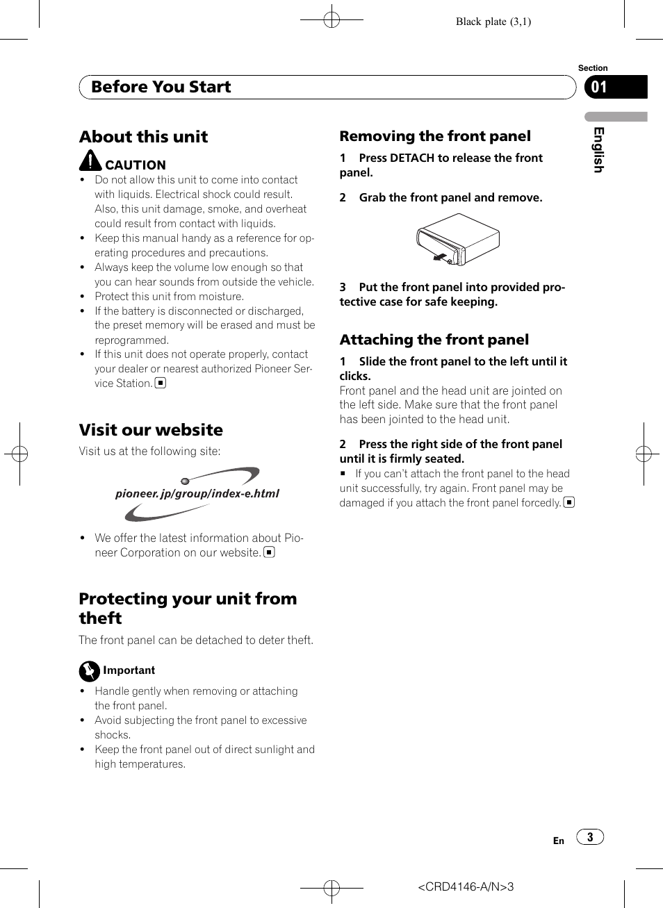 Before you start, About this unit, Visit our website | Protecting your unit from theft, Removing the front panel 3, Attaching the front panel 3, Removing the front panel, Attaching the front panel | Pioneer DEH-1950 User Manual | Page 3 / 56