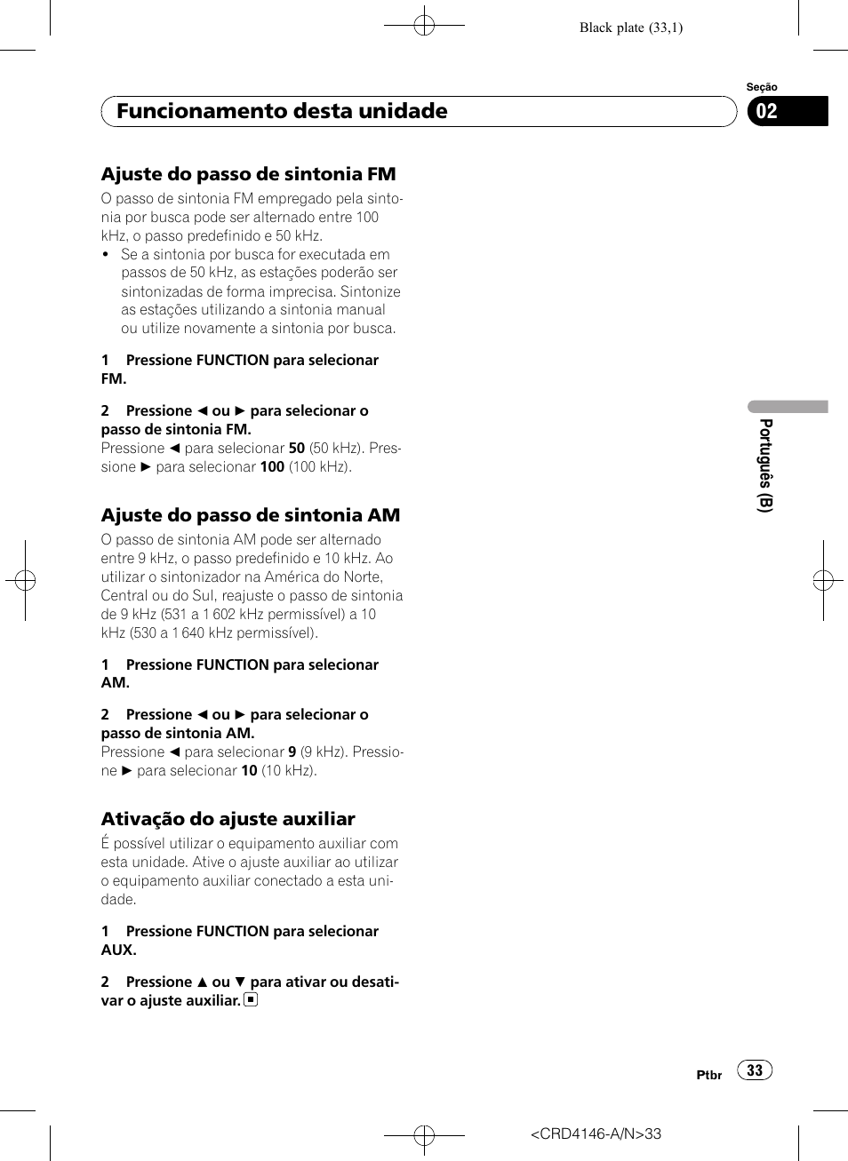 Ajuste do passo de sintonia fm 33, Ajuste do passo de sintonia am 33, Ativação do ajuste auxiliar 33 | Funcionamento desta unidade | Pioneer DEH-1950 User Manual | Page 33 / 56