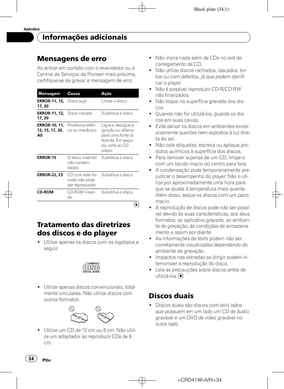 Informações adicionais mensagens de erro, Tratamento das diretrizes dos discos e do, Player | Discos duais, Mensagens de erro, Tratamento das diretrizes dos discos e do player, Informações adicionais | Pioneer DEH-1950 User Manual | Page 34 / 56