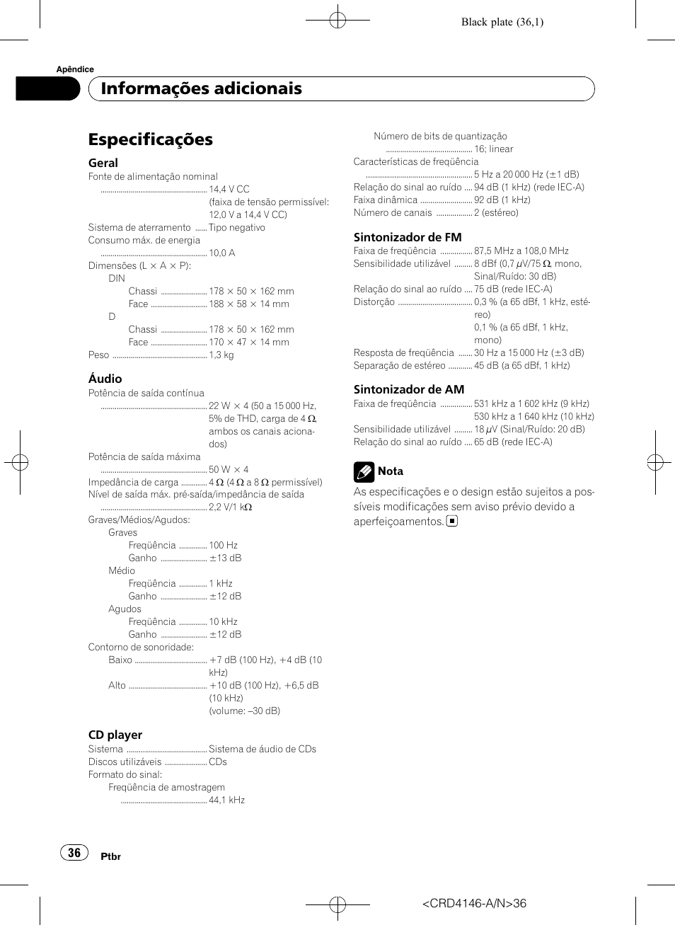 Especificações, Informações adicionais | Pioneer DEH-1950 User Manual | Page 36 / 56