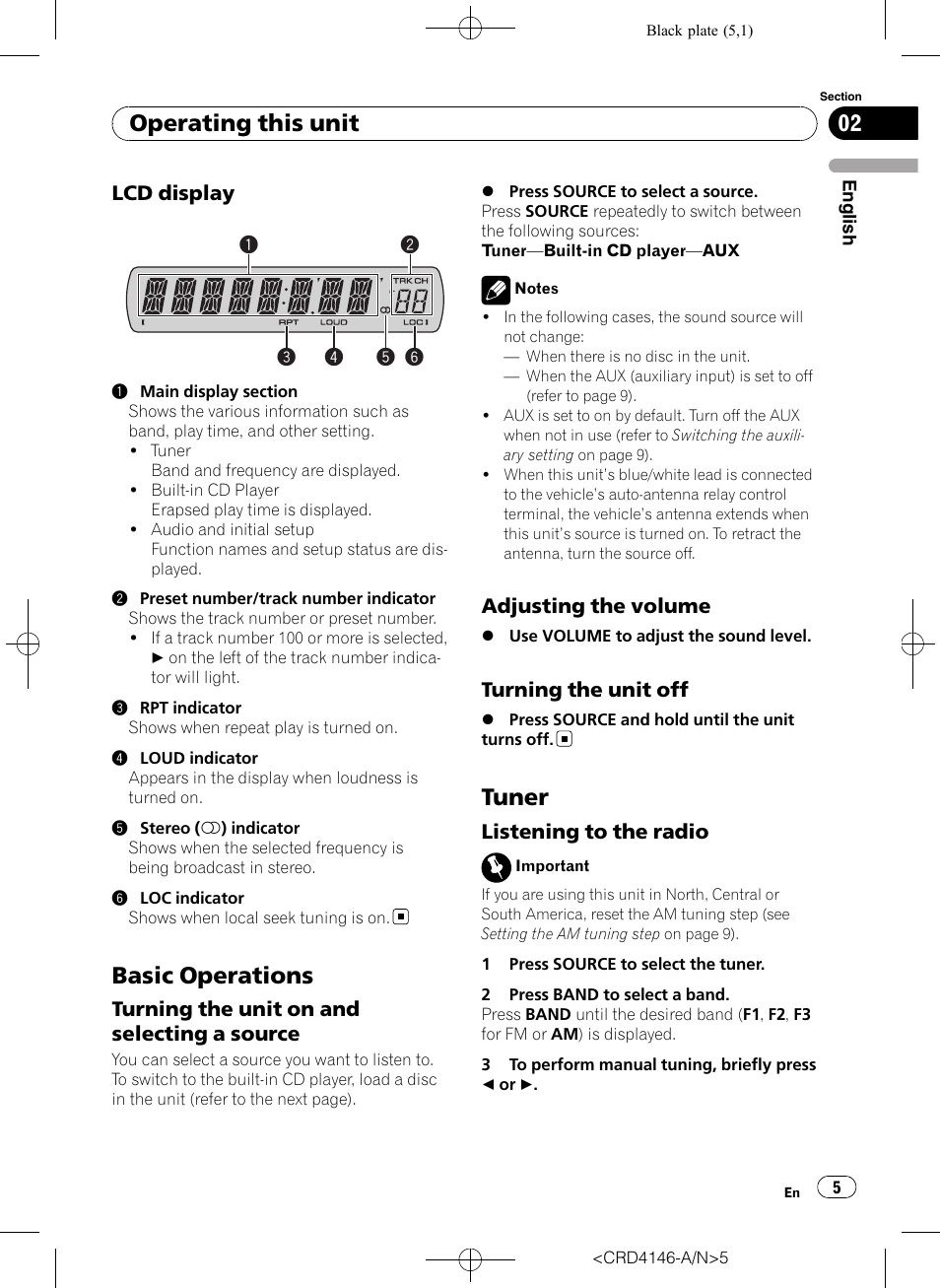 Lcd display 5, Basic operations, Turning the unit on and selecting a | Source, Adjusting the volume 5, Turning the unit off 5, Tuner, Listening to the radio 5, Operating this unit | Pioneer DEH-1950 User Manual | Page 5 / 56
