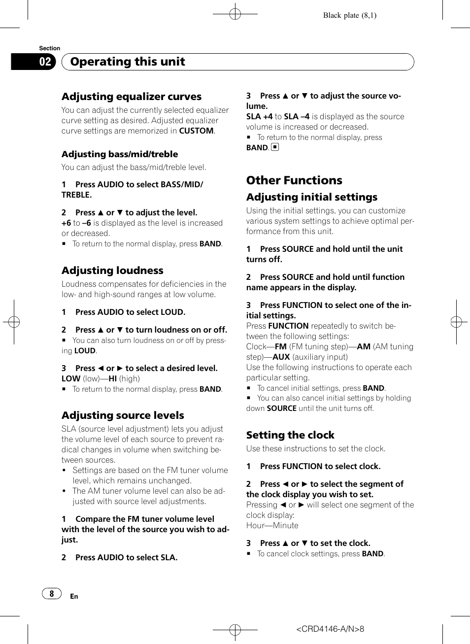 Adjusting equalizer curves 8, Adjusting loudness 8, Adjusting source levels 8 | Other functions, Adjusting initial settings 8, Setting the clock 8, Operating this unit, Adjusting equalizer curves, Adjusting loudness, Adjusting source levels | Pioneer DEH-1950 User Manual | Page 8 / 56
