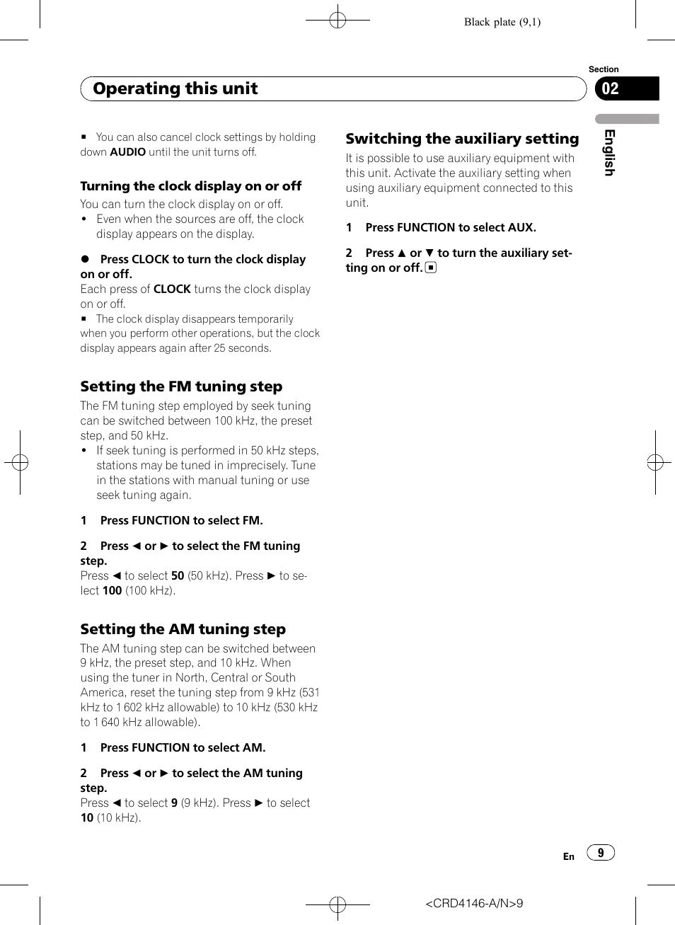 Setting the fm tuning step 9, Setting the am tuning step 9, Switching the auxiliary setting 9 | Operating this unit, Setting the fm tuning step, Setting the am tuning step, Switching the auxiliary setting | Pioneer DEH-1950 User Manual | Page 9 / 56