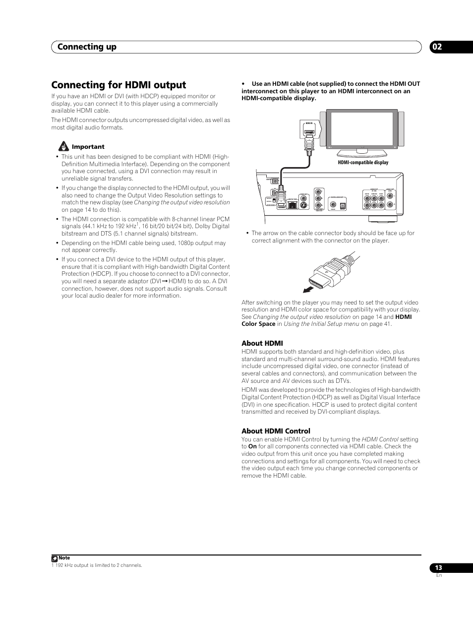 Connecting for hdmi output, Connecting up 02, About hdmi | About hdmi control | Pioneer Elite BDP-94HD User Manual | Page 13 / 67