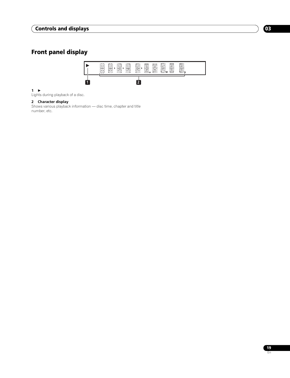 Front panel display, Controls and displays 03 | Pioneer Elite BDP-94HD User Manual | Page 19 / 67