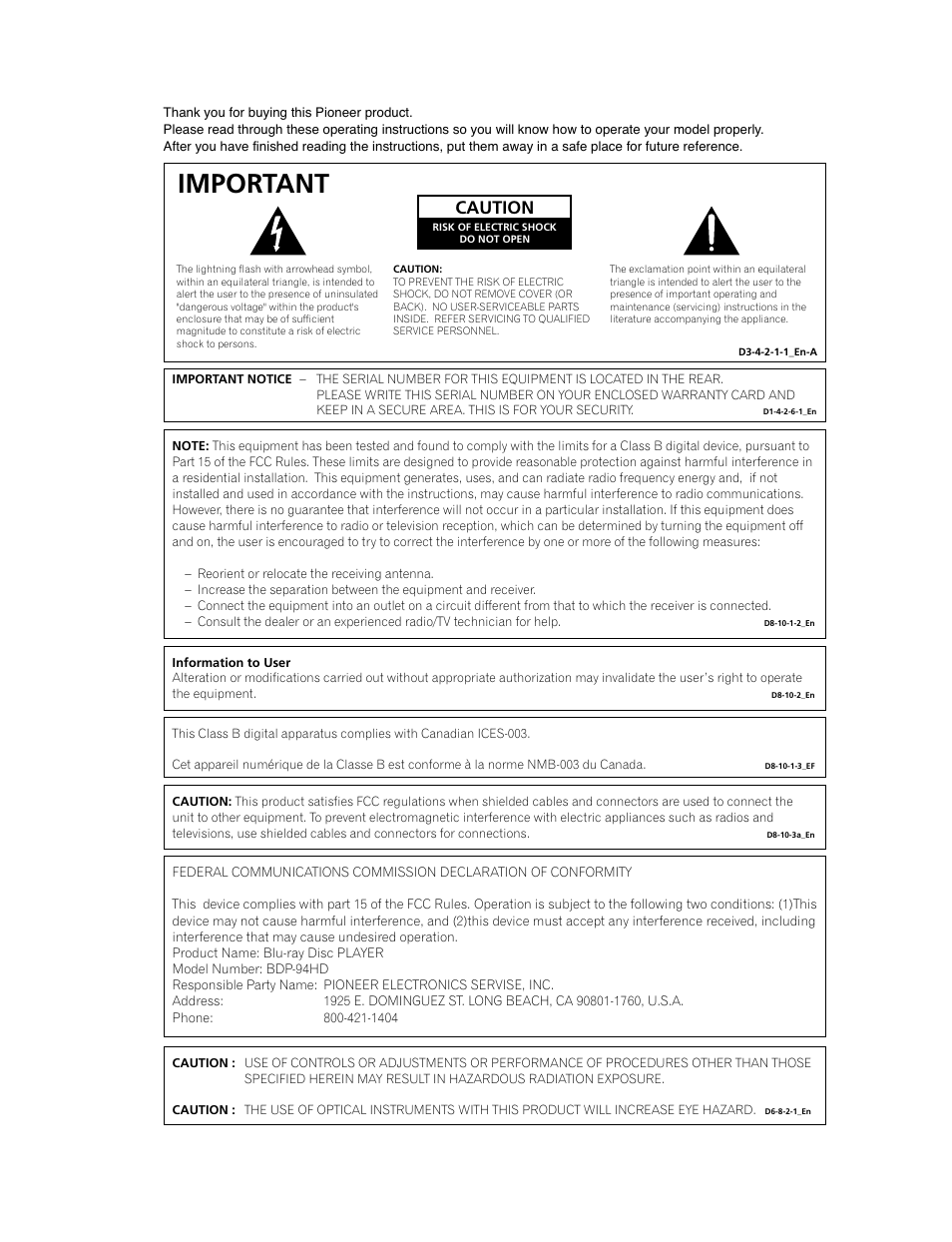 Important, Caution | Pioneer Elite BDP-94HD User Manual | Page 2 / 67