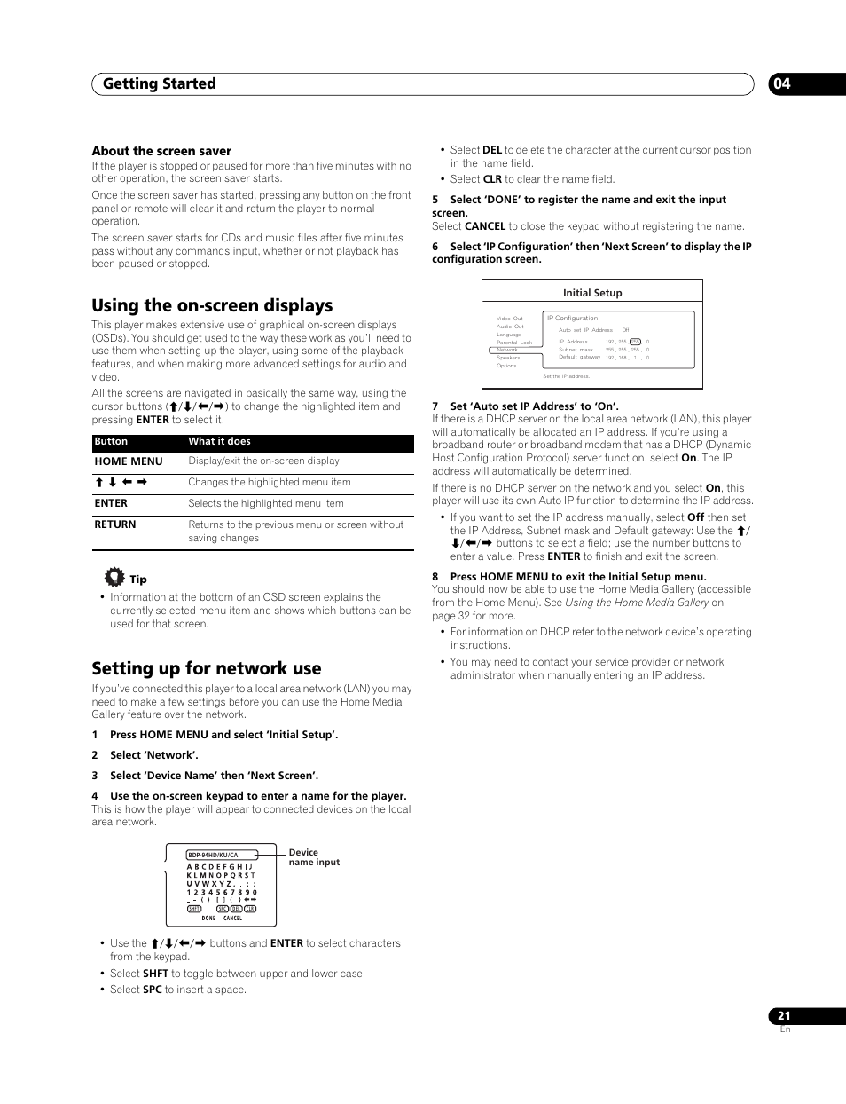 Using the on-screen displays, Setting up for network use, Getting started 04 | About the screen saver | Pioneer Elite BDP-94HD User Manual | Page 21 / 67