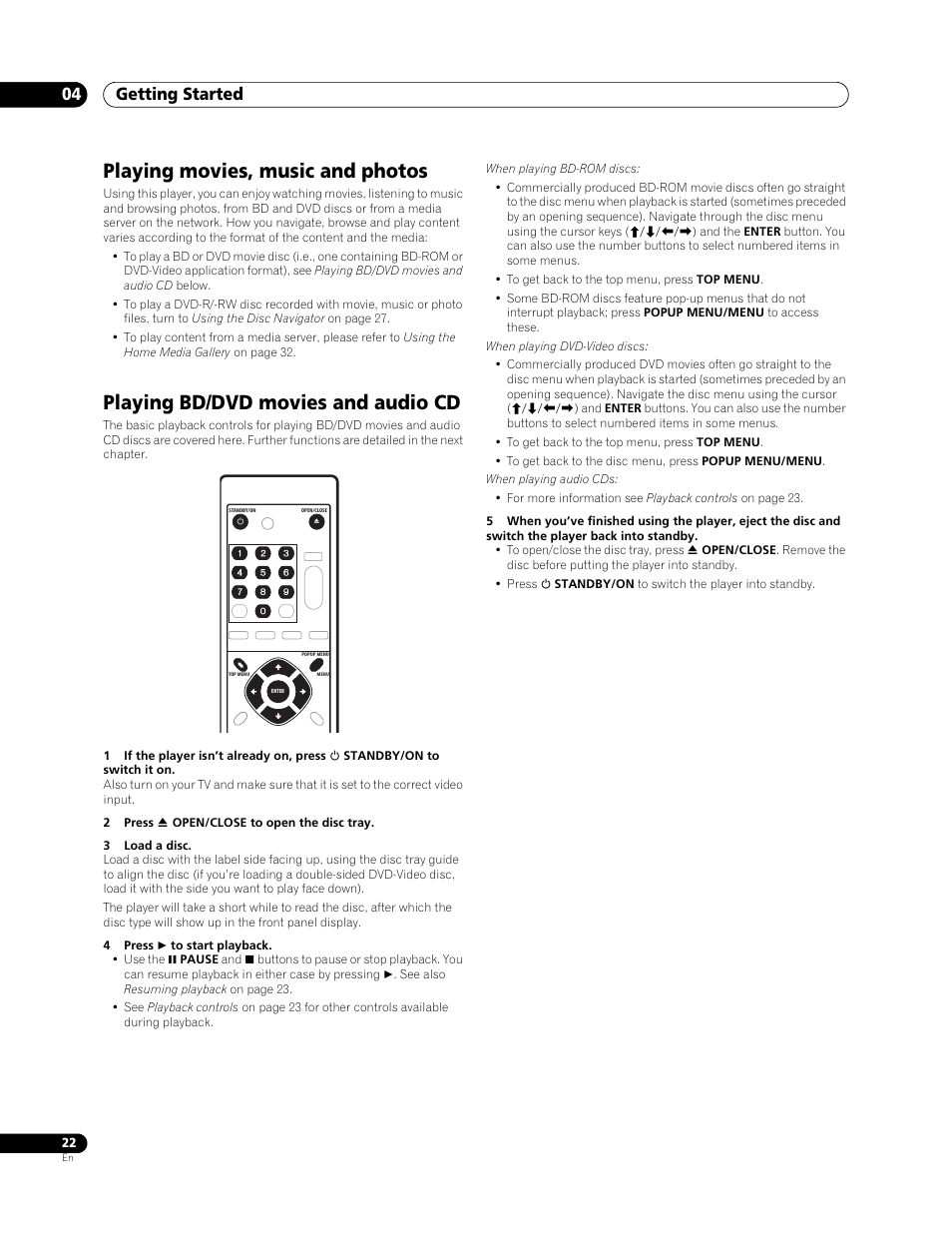 Playing movies, music and photos, Playing bd/dvd movies and audio cd, Getting started 04 | Pioneer Elite BDP-94HD User Manual | Page 22 / 67