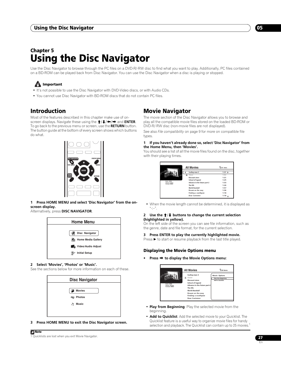 05 using the disc navigator, Introduction, Movie navigator | Using the disc navigator, Using the disc navigator 05, Chapter 5, Displaying the movie options menu, Home menu, Disc navigator | Pioneer Elite BDP-94HD User Manual | Page 27 / 67