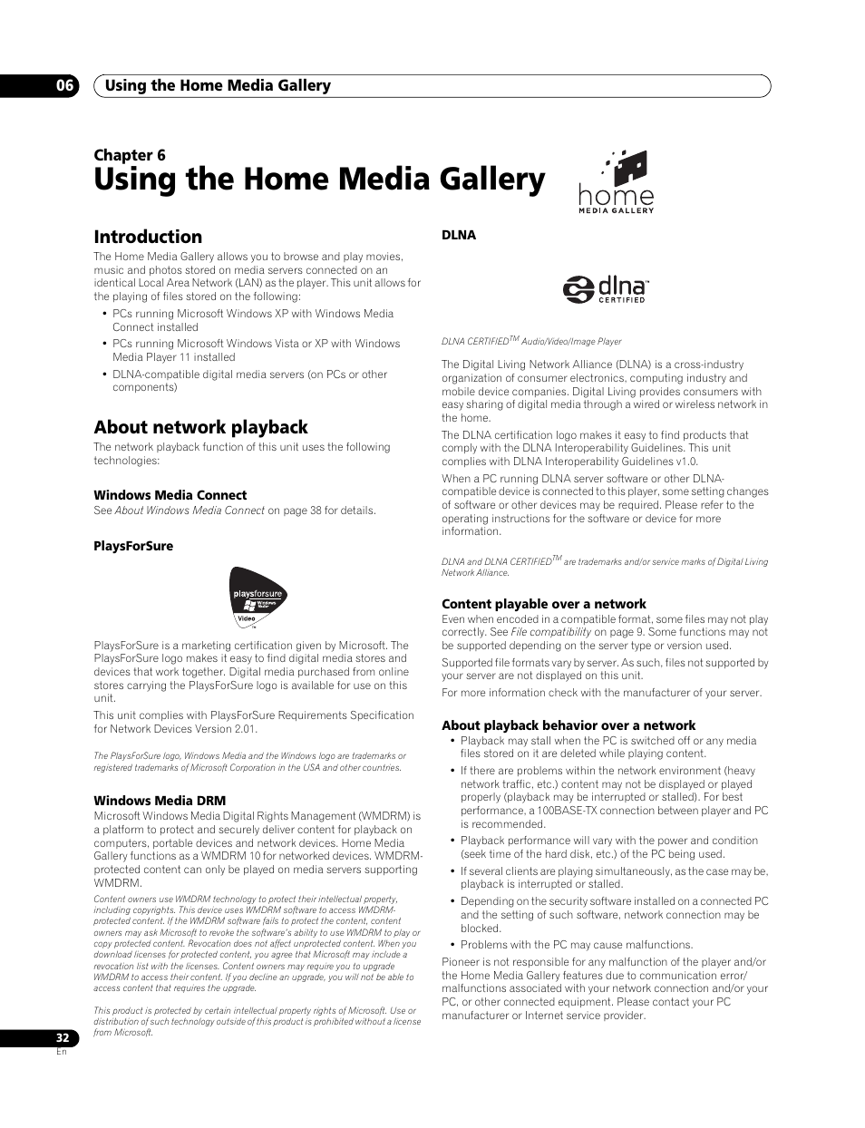 06 using the home media gallery, Introduction, About network playback | Using the home media gallery, Using the home media gallery 06, Chapter 6 | Pioneer Elite BDP-94HD User Manual | Page 32 / 67