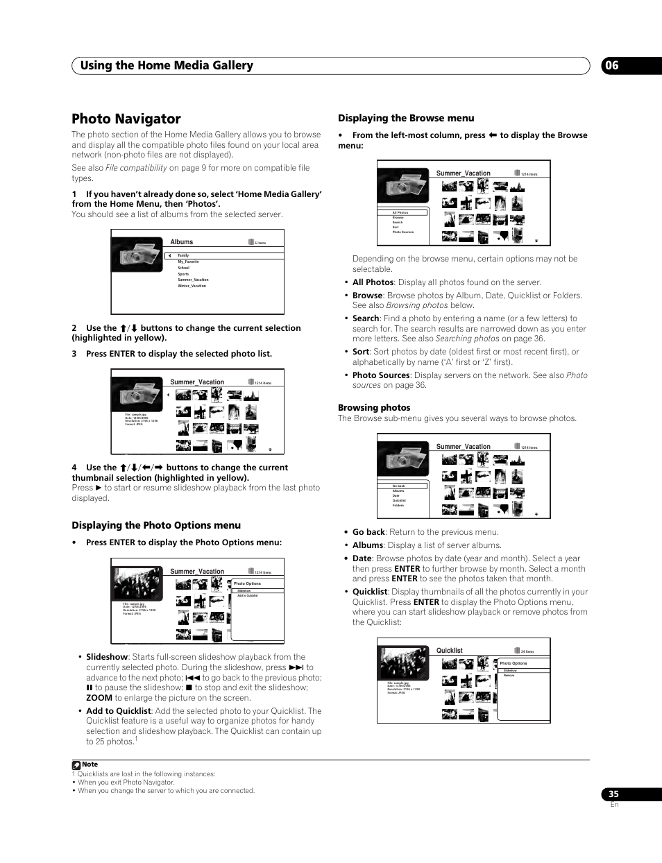 Photo navigator, Using the home media gallery 06, Displaying the photo options menu | Displaying the browse menu | Pioneer Elite BDP-94HD User Manual | Page 35 / 67