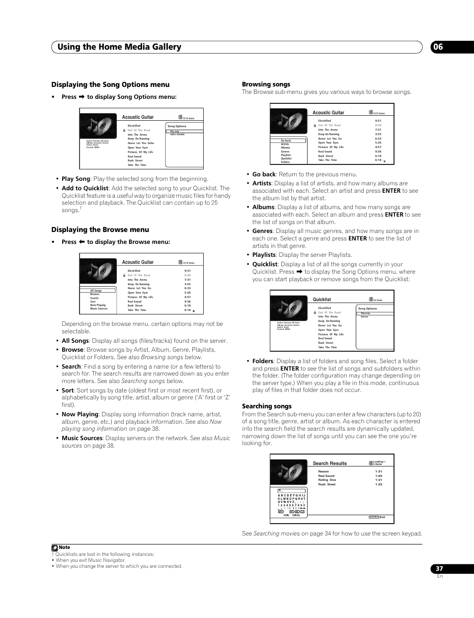 Using the home media gallery 06, Displaying the song options menu, Displaying the browse menu | Browsing songs, Searching songs | Pioneer Elite BDP-94HD User Manual | Page 37 / 67