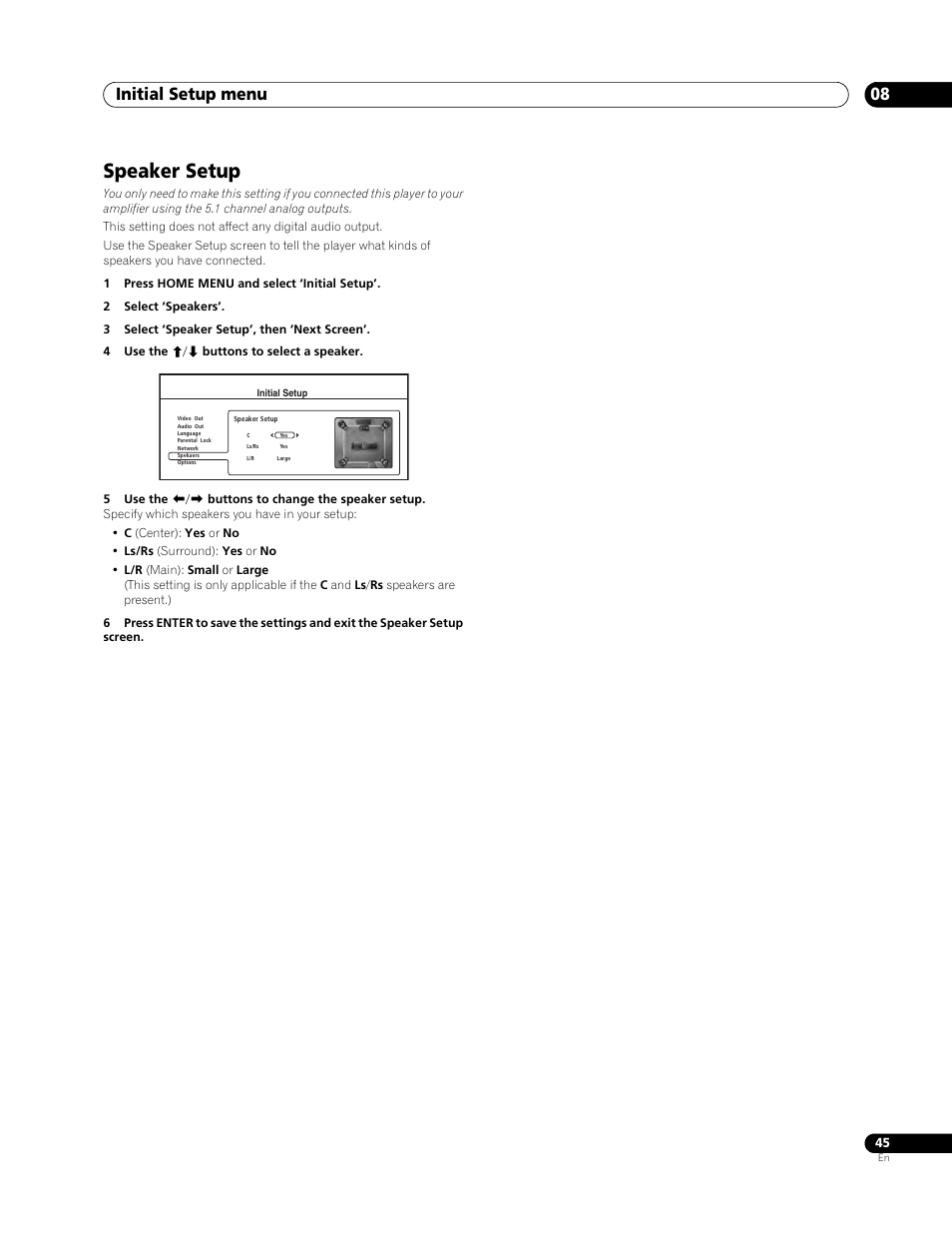 Speaker setup, Initial setup menu 08 | Pioneer Elite BDP-94HD User Manual | Page 45 / 67