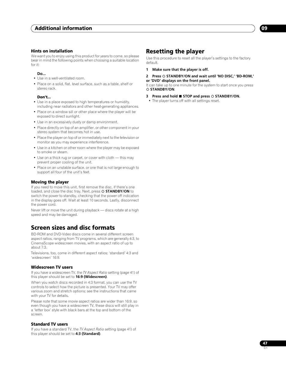 Screen sizes and disc formats, Resetting the player, Additional information 09 | Pioneer Elite BDP-94HD User Manual | Page 47 / 67