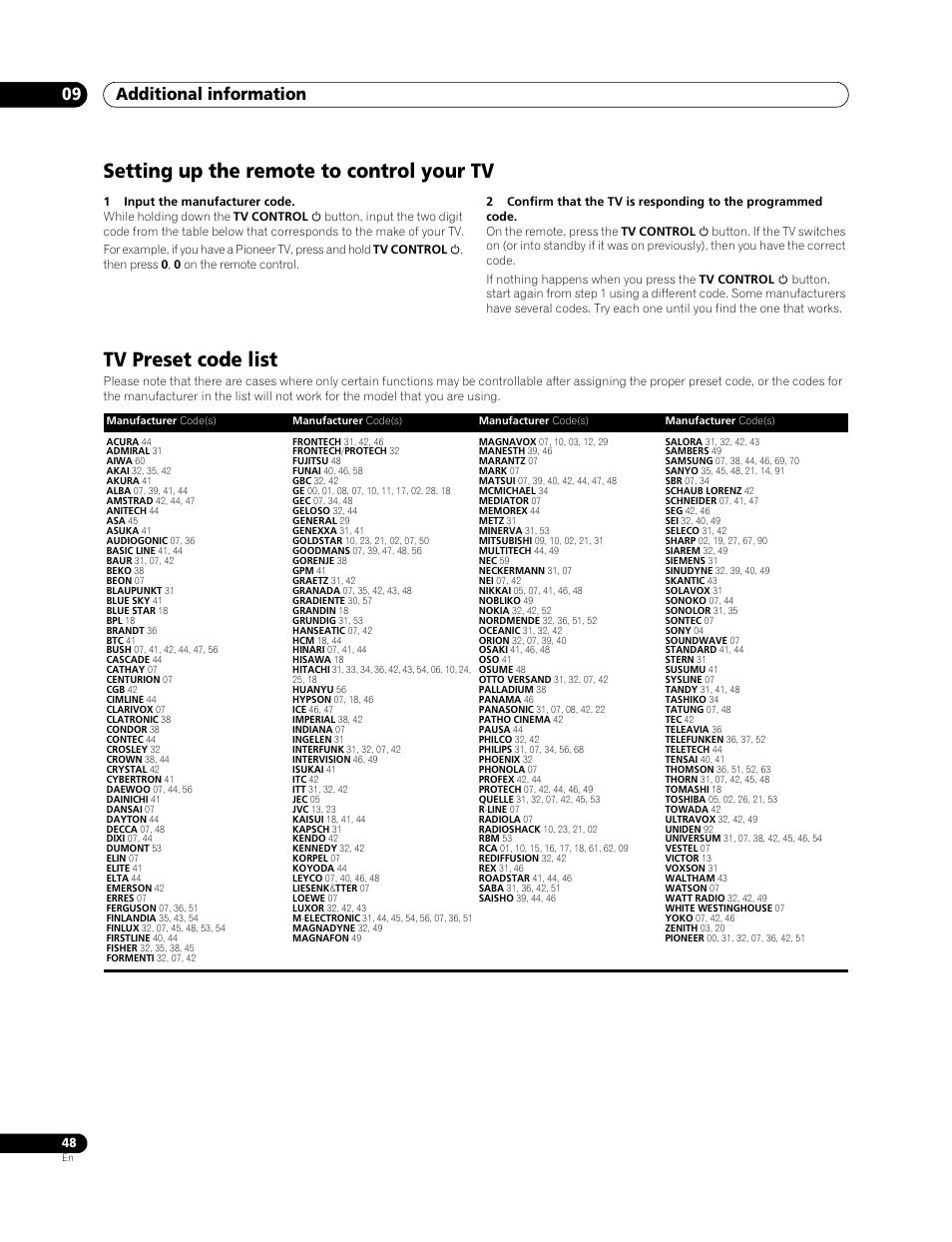 Setting up the remote to control your tv, Tv preset code list, Additional information 09 | Pioneer Elite BDP-94HD User Manual | Page 48 / 67