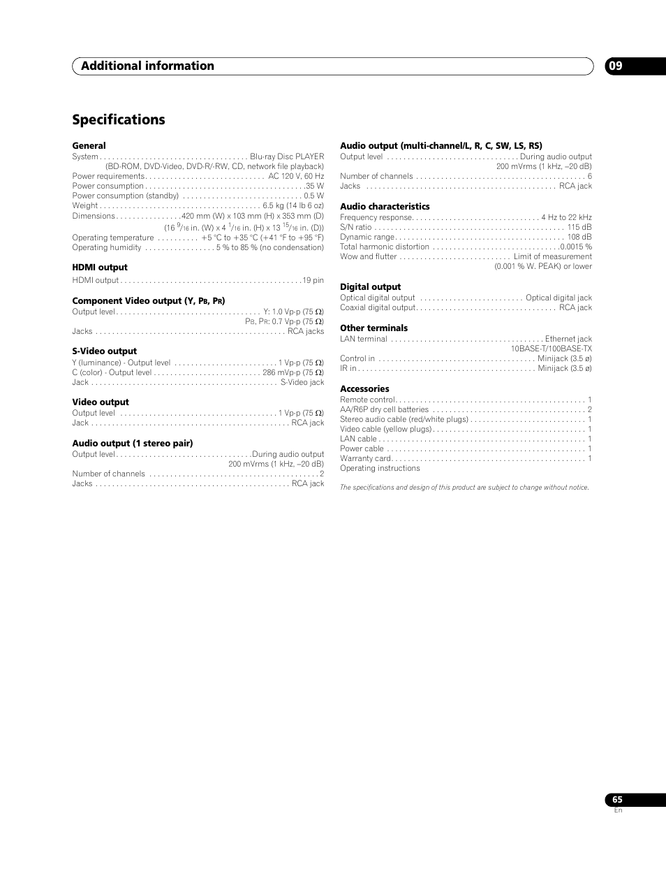 Specifications, Additional information 09 | Pioneer Elite BDP-94HD User Manual | Page 65 / 67