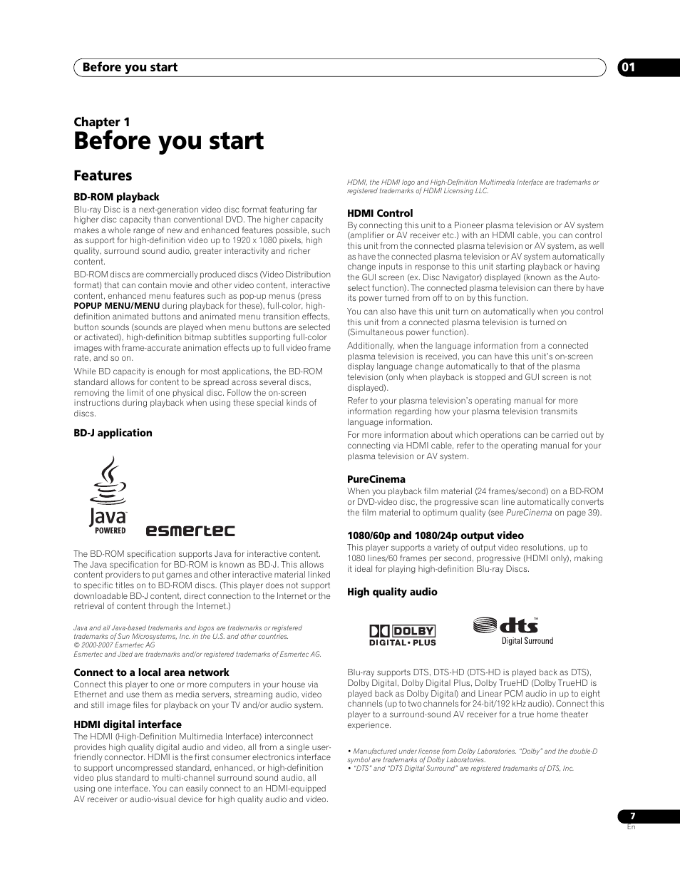 01 before you start, Features, Before you start | Before you start 01, Chapter 1 | Pioneer Elite BDP-94HD User Manual | Page 7 / 67