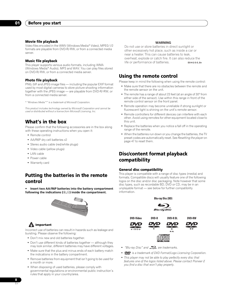 What’s in the box, Putting the batteries in the remote control, Using the remote control | Disc/content format playback compatibility, Before you start 01 | Pioneer Elite BDP-94HD User Manual | Page 8 / 67