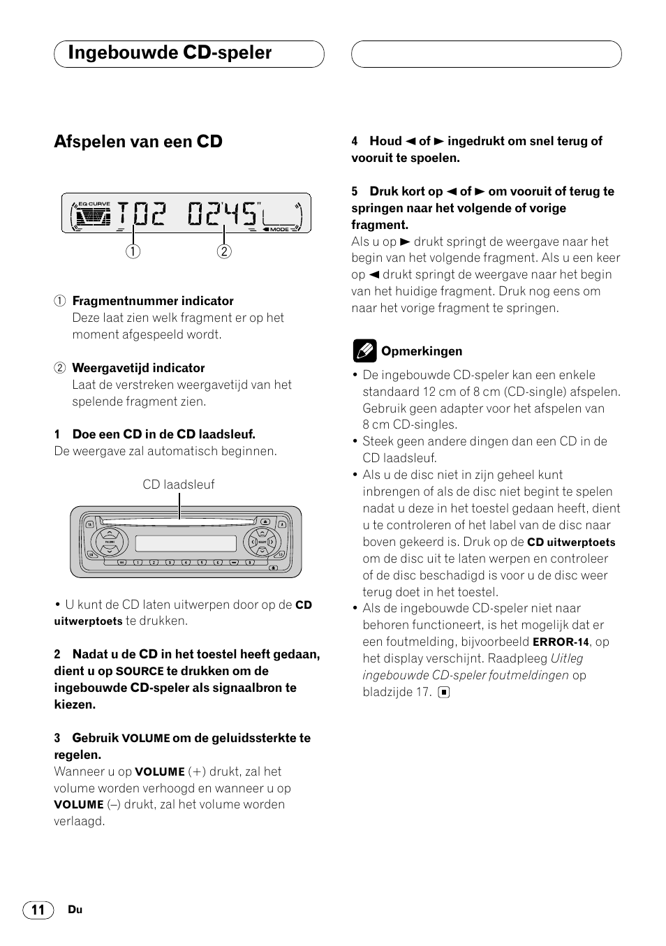 Ingebouwde cd-speler, Afspelen van een cd 11, Afspelen van een cd | Pioneer DEH-1400RB User Manual | Page 102 / 112