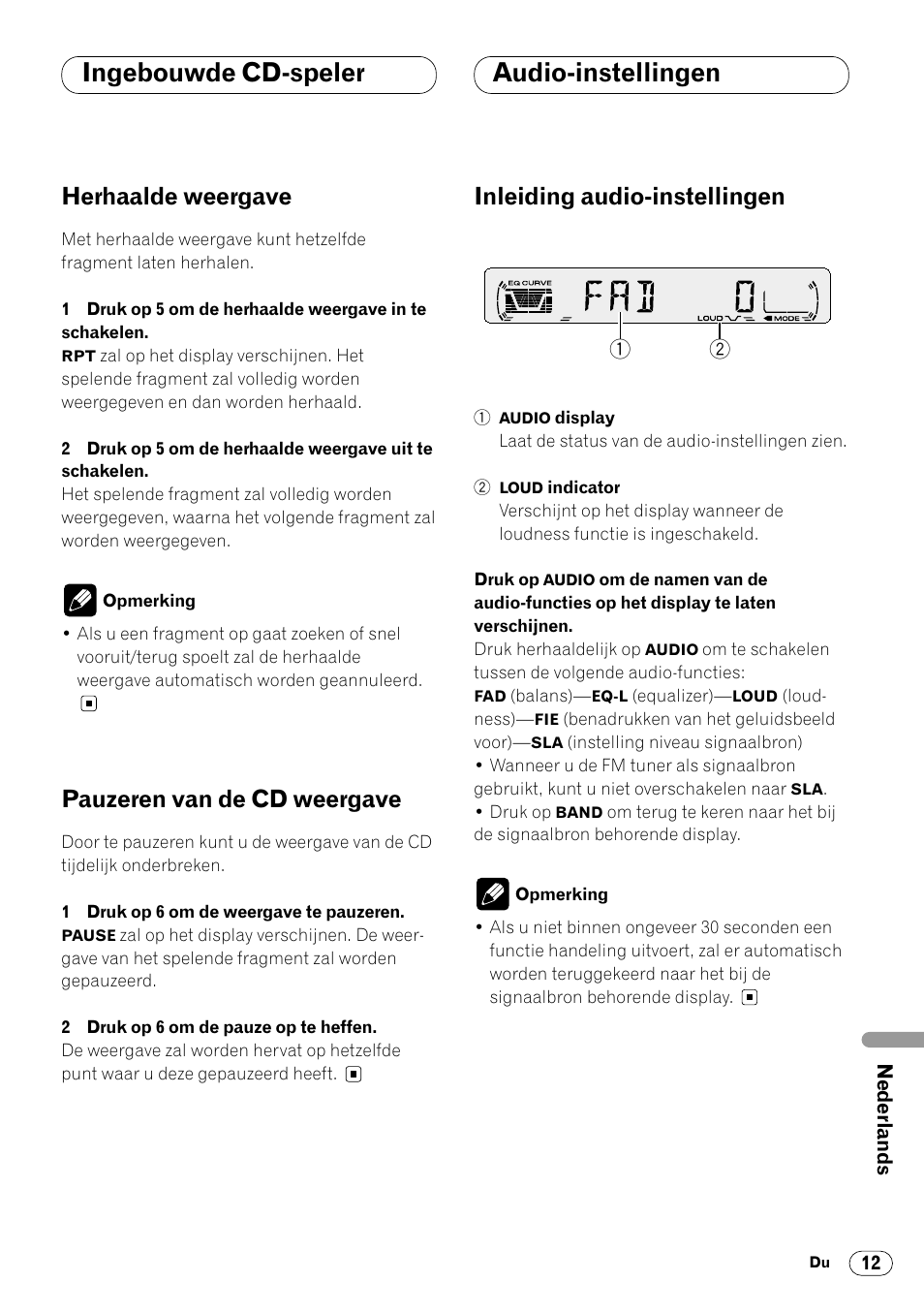 Audio-instellingen, Inleiding audio-instellingen 12, Ingebouwde cd-speler audio-instellingen | Herhaalde weergave, Pauzeren van de cd weergave, Inleiding audio-instellingen | Pioneer DEH-1400RB User Manual | Page 103 / 112