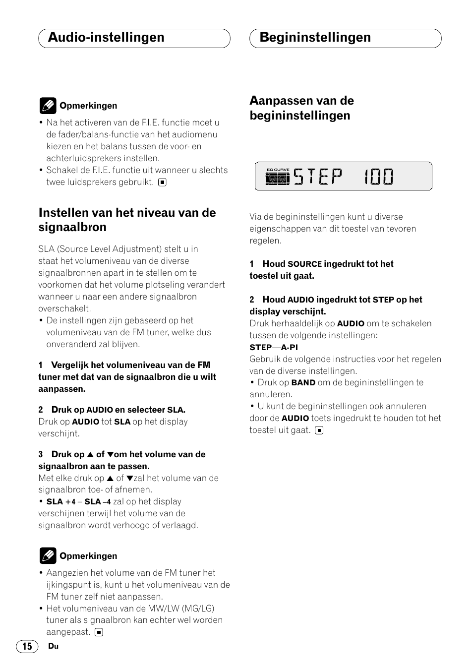 Instellen van het niveau van de, Signaalbron 15, Begininstellingen | Aanpassen van de begininstellingen 15, Audio-instellingen, Instellen van het niveau van de signaalbron, Aanpassen van de begininstellingen | Pioneer DEH-1400RB User Manual | Page 106 / 112