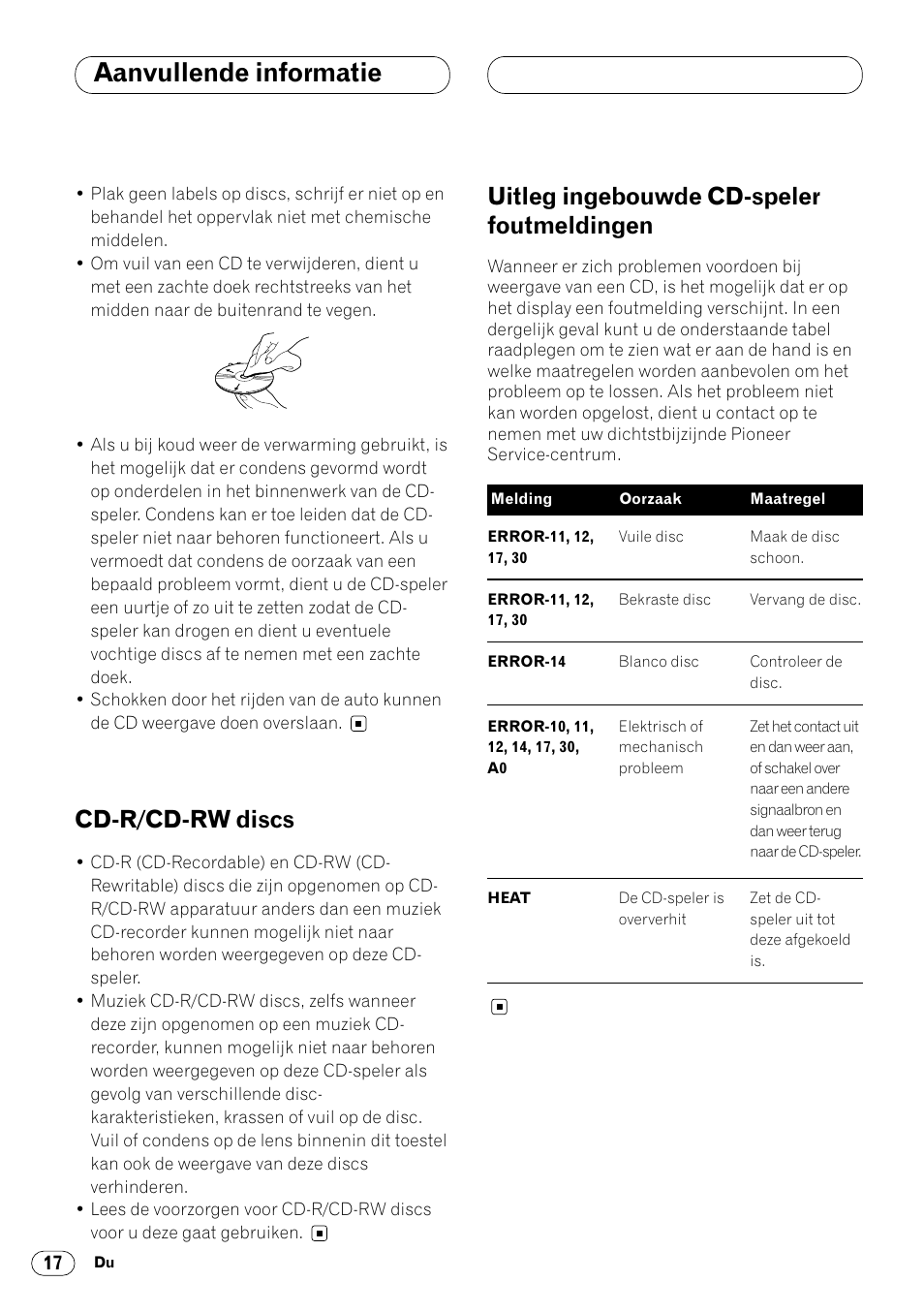 Cd-r/cd-rw discs 17 uitleg ingebouwde cd-speler, Foutmeldingen 17, Aanvullende informatie | Cd-r/cd-rw discs, Uitleg ingebouwde cd-speler foutmeldingen | Pioneer DEH-1400RB User Manual | Page 108 / 112