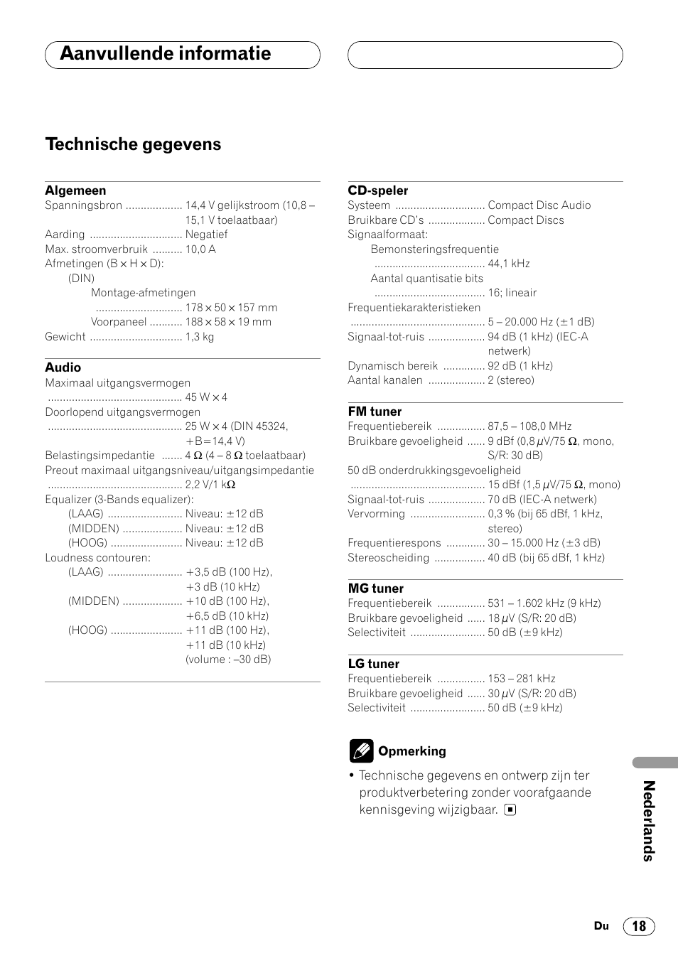 Technische gegevens 18, Aanvullende informatie, Technische gegevens | Pioneer DEH-1400RB User Manual | Page 109 / 112