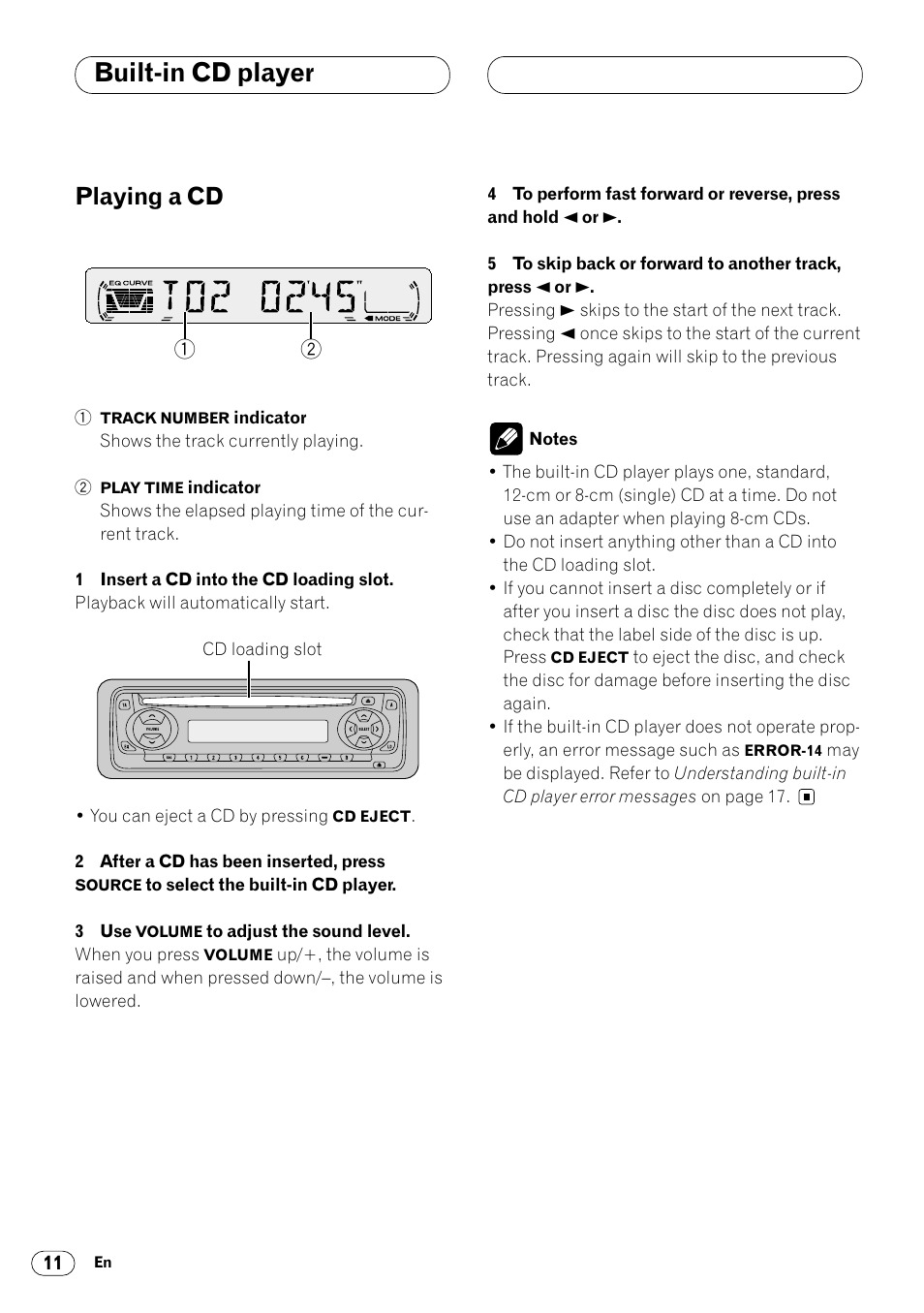 Built-in cd player, Playing a cd 11, Playing a cd | Pioneer DEH-1400RB User Manual | Page 12 / 112