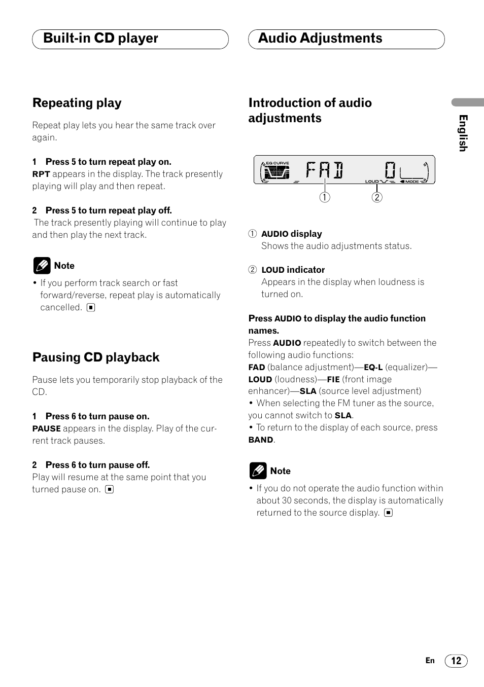 Repeating play 12 pausing cd playback 12, Audio adjustments, Introduction of audio adjustments 12 | Built-in cd player audio adjustments, Repeating play, Pausing cd playback, Introduction of audio adjustments | Pioneer DEH-1400RB User Manual | Page 13 / 112