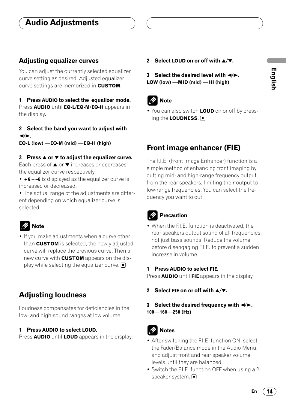 Adjusting equalizer curves 14, Audio adjustments, Adjusting loudness | Front image enhancer (fie) | Pioneer DEH-1400RB User Manual | Page 15 / 112