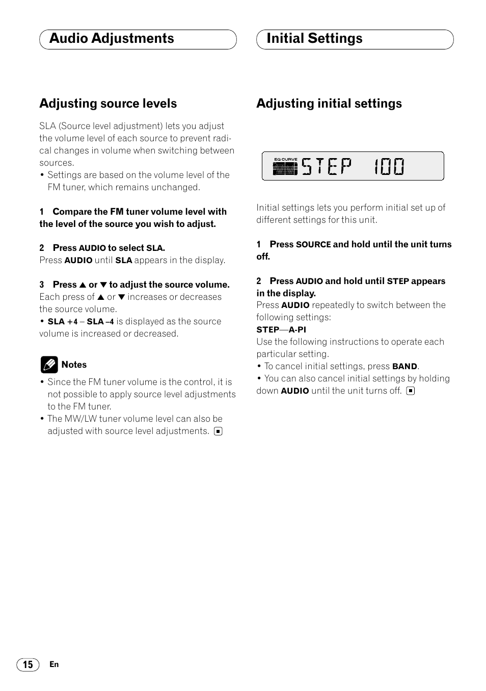 Adjusting source levels 15, Initial settings, Adjusting initial settings 15 | Audio adjustments, Adjusting source levels, Adjusting initial settings | Pioneer DEH-1400RB User Manual | Page 16 / 112