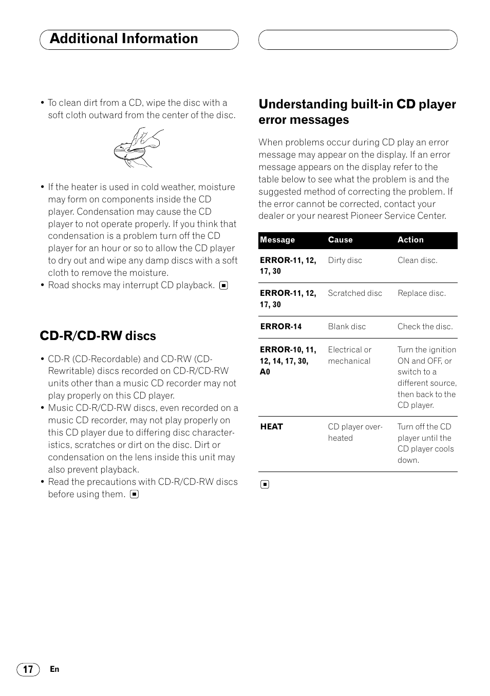 Sages 17, Additional information, Cd-r/cd-rw discs | Understanding built-in cd player error messages | Pioneer DEH-1400RB User Manual | Page 18 / 112