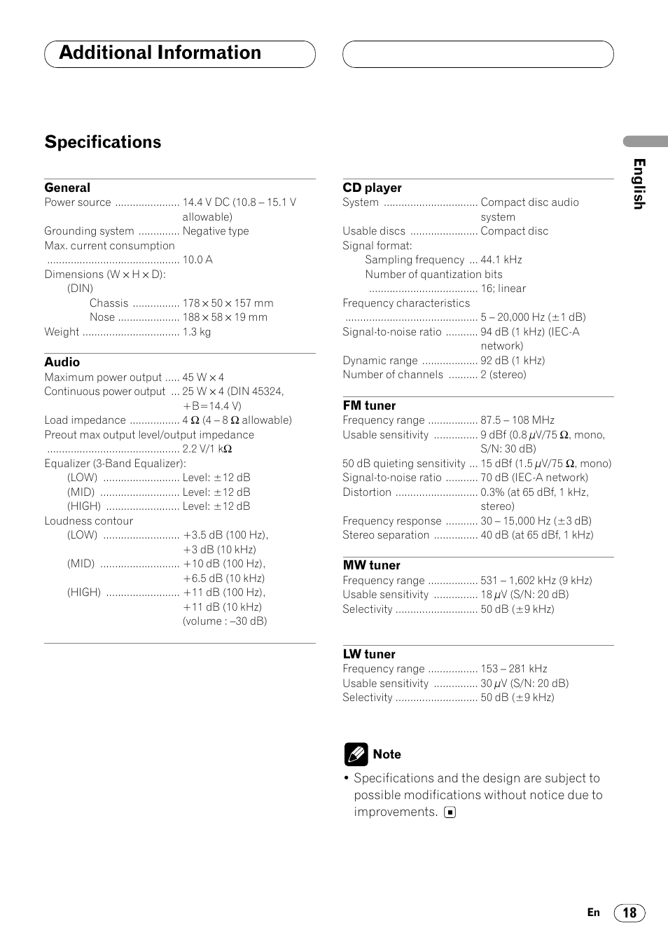 Specifications 18, Additional information, Specifications | Pioneer DEH-1400RB User Manual | Page 19 / 112