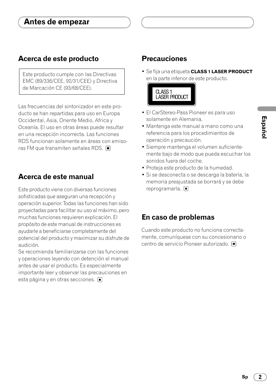 Antes de empezar, Acerca de este producto, Acerca de este manual | Precauciones, En caso de problemas | Pioneer DEH-1400RB User Manual | Page 21 / 112