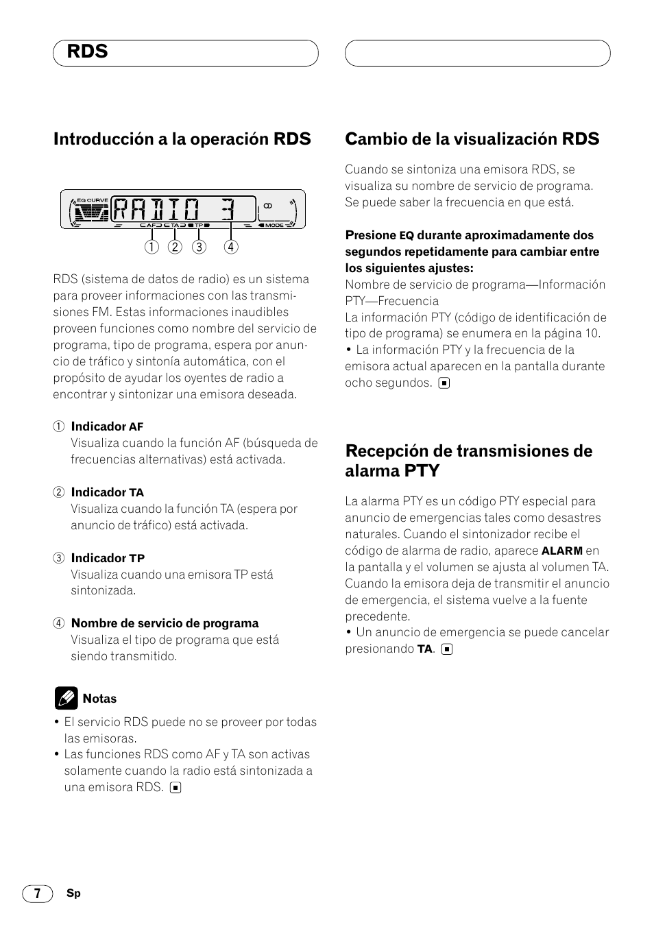 Pty 7, Introducción a la operación rds, Cambio de la visualización rds | Recepción de transmisiones de alarma pty | Pioneer DEH-1400RB User Manual | Page 26 / 112