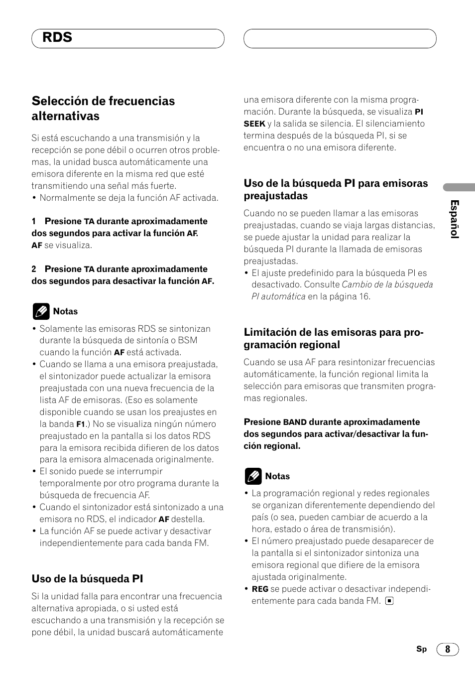 Selección de frecuencias alternativas 8, Preajustadas 8, Limitación de las emisoras para progra | Mación regional 8, Selección de frecuencias alternativas | Pioneer DEH-1400RB User Manual | Page 27 / 112