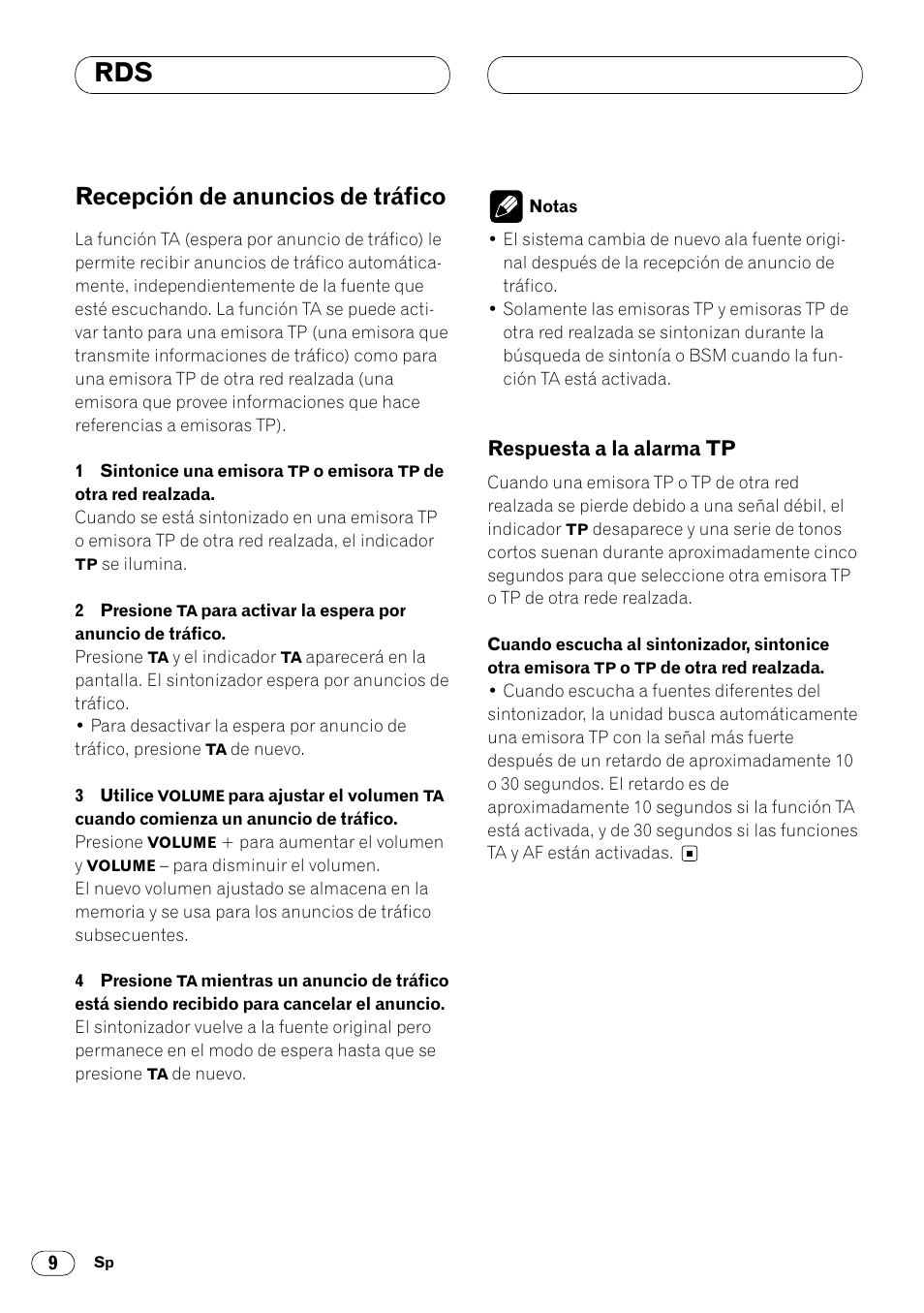 Recepción de anuncios de tráfico 9, Respuesta a la alarma tp 9, Recepción de anuncios de tráfico | Respuesta a la alarma tp | Pioneer DEH-1400RB User Manual | Page 28 / 112