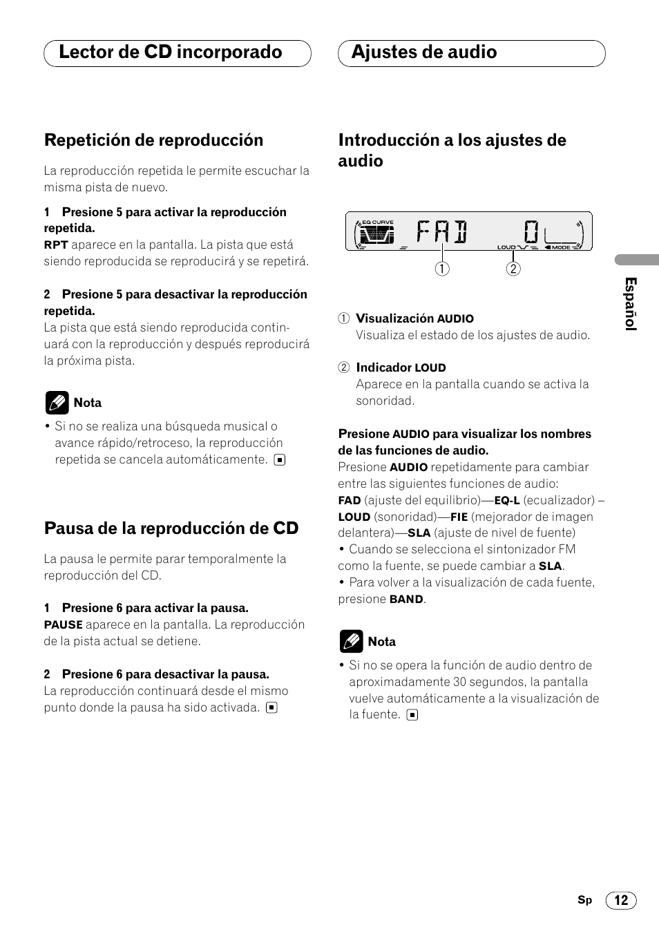 Ajustes de audio, Introducción a los ajustes de audio 12, Lector de cd incorporado ajustes de audio | Repetición de reproducción, Pausa de la reproducción de cd, Introducción a los ajustes de audio | Pioneer DEH-1400RB User Manual | Page 31 / 112