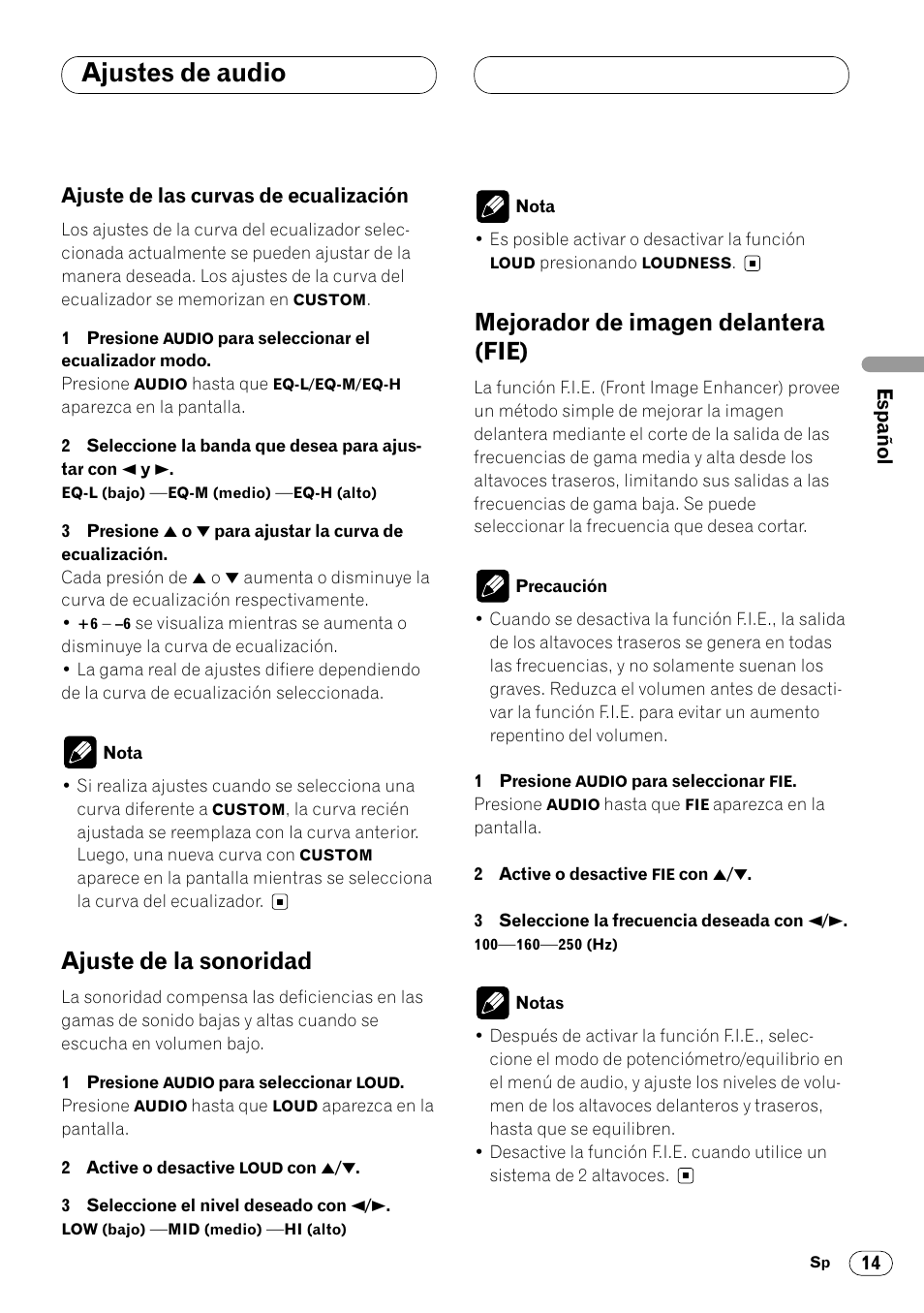 Ajuste de las curvas de ecualización 14, Ajustes de audio, Ajuste de la sonoridad | Mejorador de imagen delantera (fie) | Pioneer DEH-1400RB User Manual | Page 33 / 112